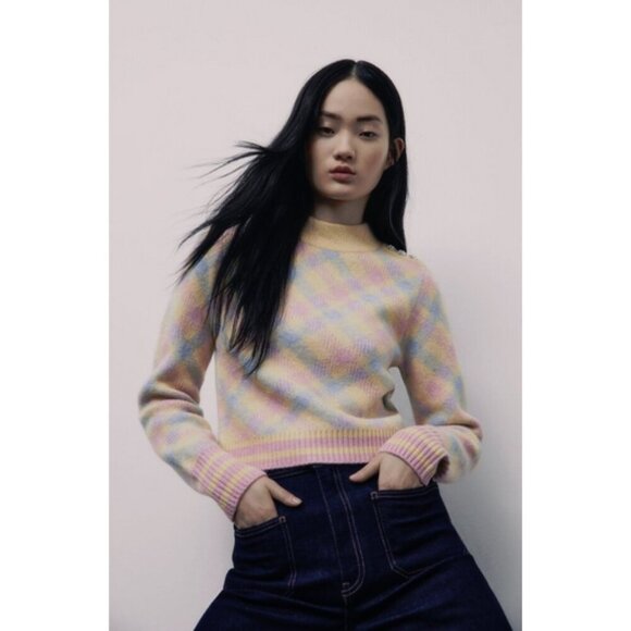 NWOT Zara multicoloured, pastel diamond checkered print wool blend sweater, M - Picture 1 of 8